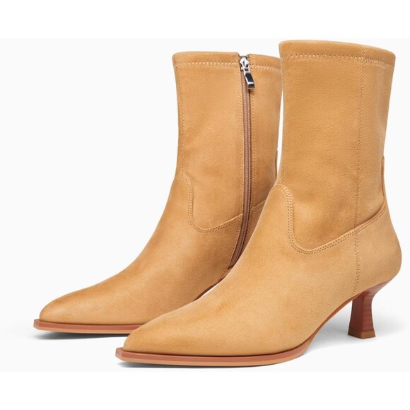 Women's Camel Suede Pointed Toe Ankle Boots Stacked Kitten Low Heel Side Zipper - Picture 6 of 6